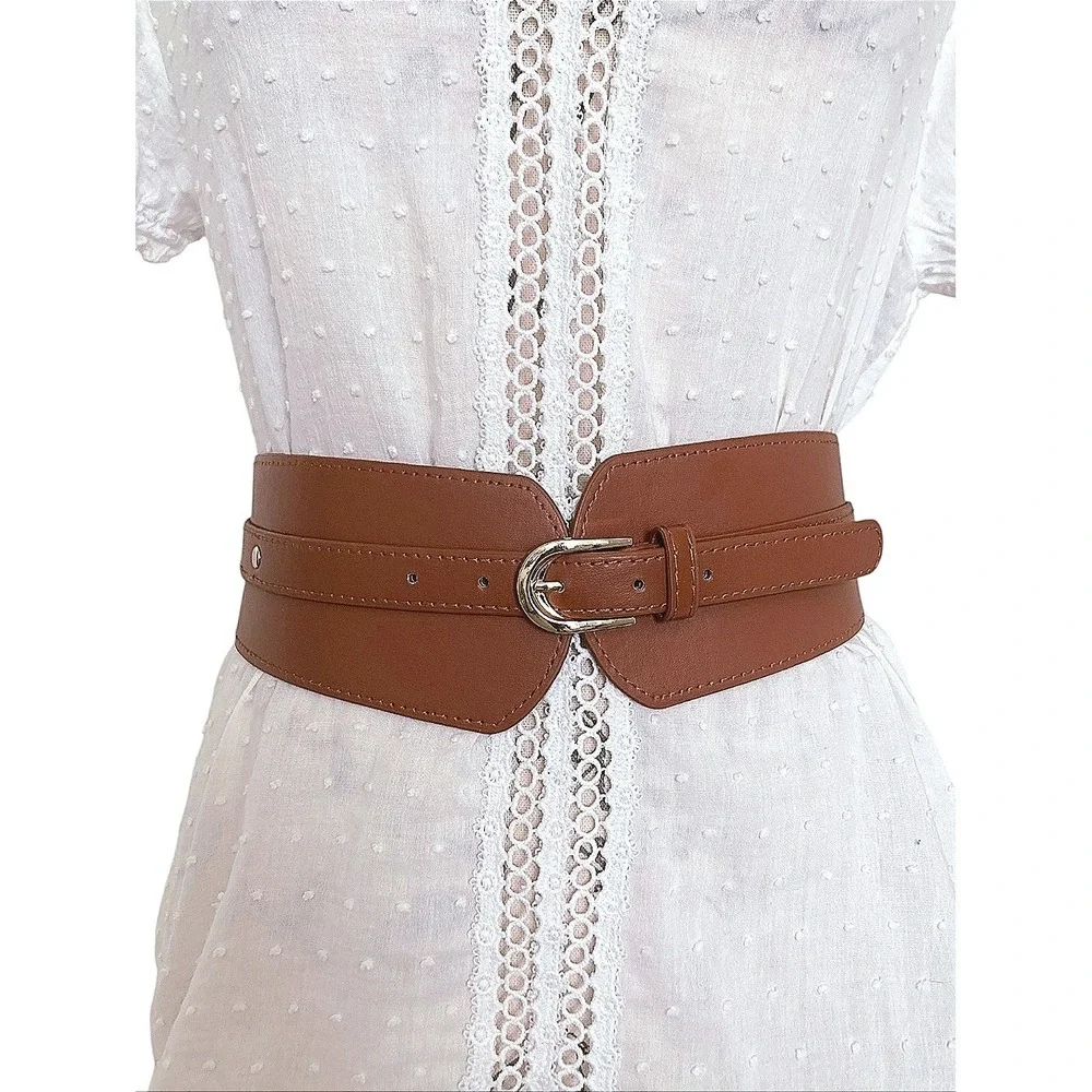 Corset Faux Leather Brown Wide Waist Belt Western Thick Stretch Gold Buckle